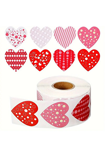 hdcw 500 ADET 2.5cm RULO YAPIŞKANLI DESENLİ KALP STICKER ETİKET HEDİYE PAKETLEME