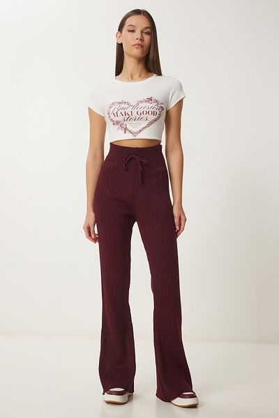 Lovelyİstanbul Stretchy Knitwear Spanish Leg Trousers - Bordo Lus0072