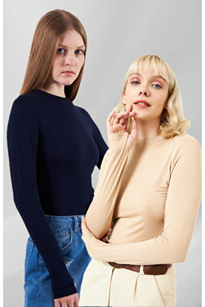 ZUXO Women's Navy Blue Cream Crew Neck 2-Piece Finger Detailed Bodysuit