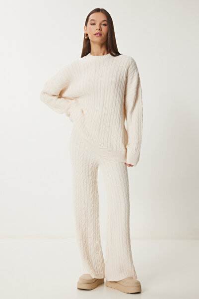 Lovelyİstanbul Knitwear Sweater and Scarf Pants Set - Cream Lus0069