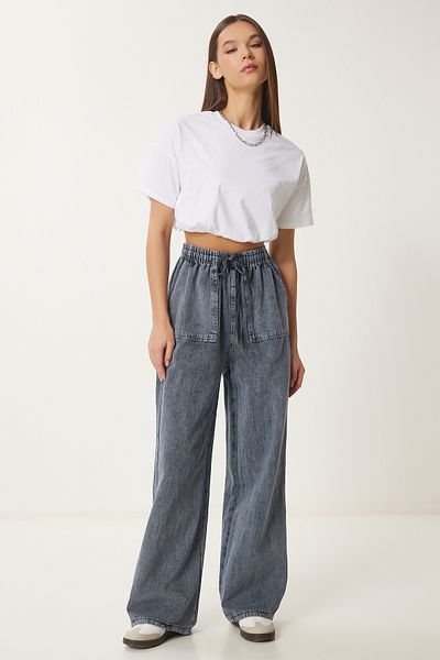 Lovelyİstanbul Denim Palazzo Trousers with Wide Leg and Pale Effects - Anthracite Lmx0071