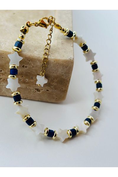 By Song Aksesuar Star Mother of Pearl and Lapis Lazuli Natural Stone Necklace Bracelet Set