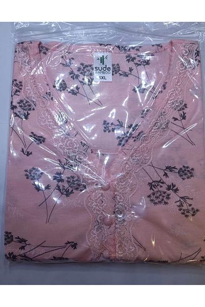 Sude Women's Bamboo Plus Size Long Sleeve V-Neck Embroidered Thin Pajamas Set P/4357- 1 Piece