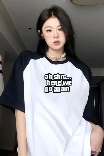 Gofeel Μαύρο Λευκό Ah Shit Here We Go Again Μπλουζάκι με μανίκια Raglan