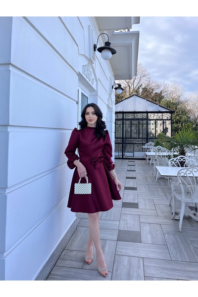 BEYZATURAN Rochie Aden burgundy - mânecă lungă, fustă elastică și detaliu cu ...