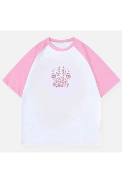 Gofeel Ροζ και Λευκό Raglan μανίκι Oversize Paw Tshirt