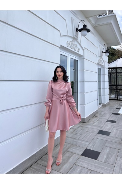 BEYZATURAN Rochie roz Aden - Fusta evazată, mânecă lungă elastică și detaliu ...