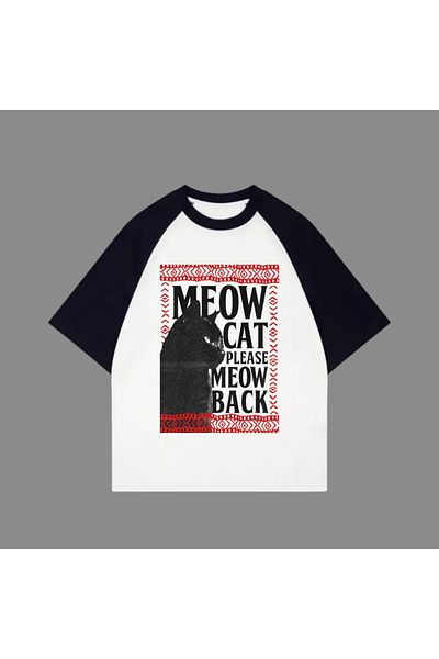 Gofeel Λευκό Unisex Μαύρο T-Shirt Raglan Meow Cat