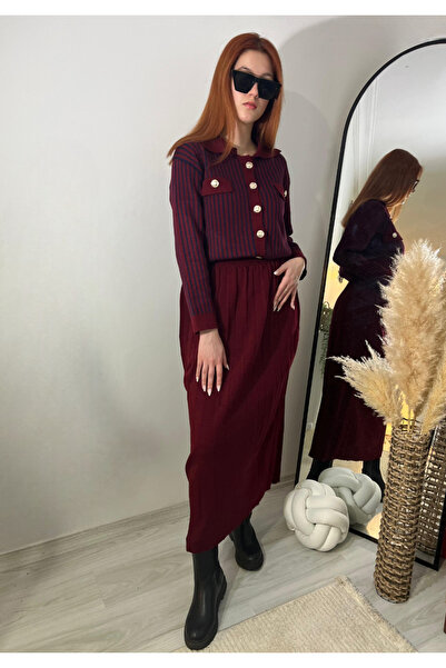 Butik ÇİZGİLİ HIRKA PİLİSELİ ETEK TRİKO TAKIM