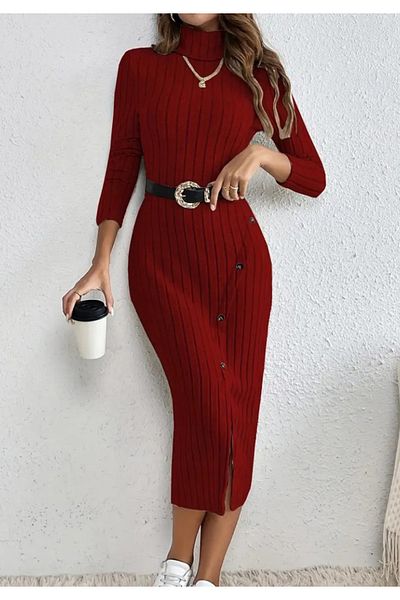 Little Visqon Rochie de damă cu mânecă lungă, cu gât roscat, cu nasturi, înălțată