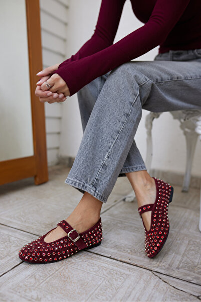 ANGELİNA JONES BALERINI DE FEMEI GALLO ROȘU Claret REAL SUET CAM STONE