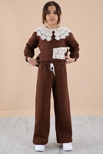 Cansın Mini Κοριτσίστικη φόρμα με καφέ δαντέλα με γιακά 20241