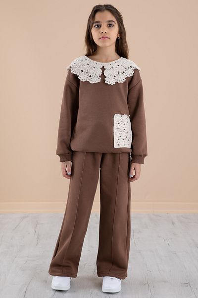 Cansın Mini Light Brown Lace Collar Raster Girl's Tracksuit Set 20252