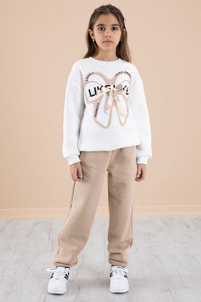 Cansın Mini Ecru Bow Raised Girl's Tracksuit Set 20249