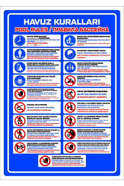 Pass Pano Uyarı Yönlendirme Levhaları " Havuz Kuralları Pool Rules 3 Farklı D...
