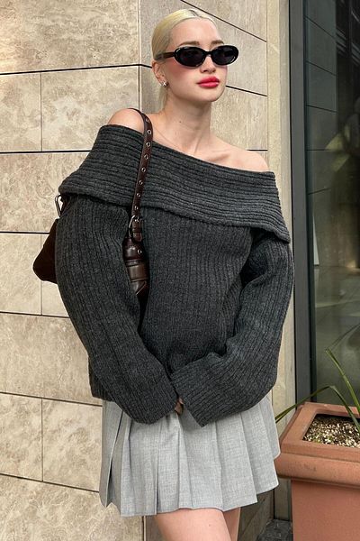 Madmext Anthracite Madonna Collar Women's Sweater Mg2274