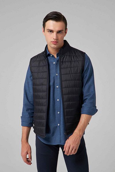 D'S Damat Navy Blue Regular Fit Stand Collar Fiber Filled Zippered Seasonal Vest Coat