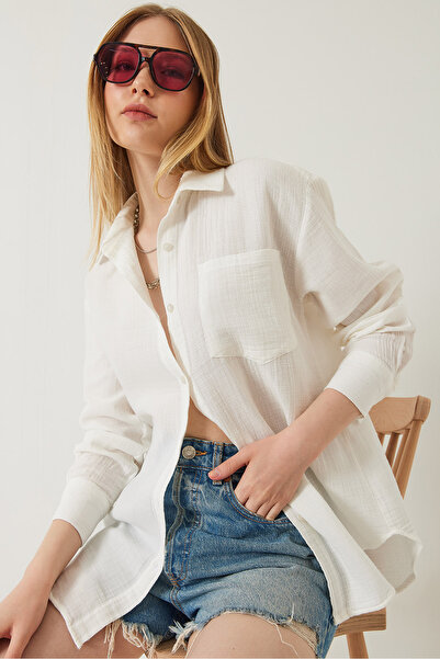 Bianco Lucci Kadın Tek Cepli Oversize Muslin Gömlek 2026 60271020