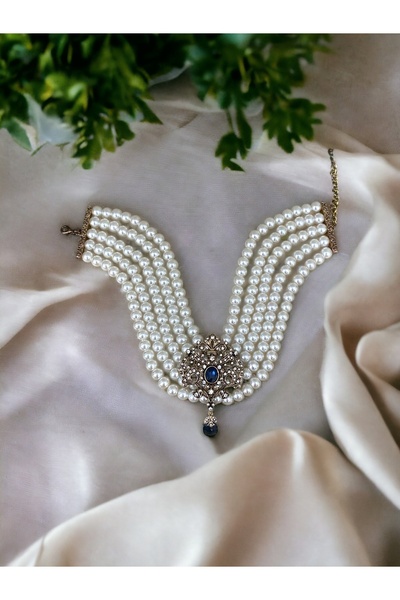 FAYRA ACCESSORIES Elmas Montür Kristal Taş Sallantılı Arma İnci Kolye