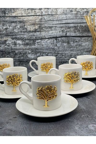 YzHome 6-Person 12-Piece White Porcelain Tree of Life Coffee Cup Set 100ml