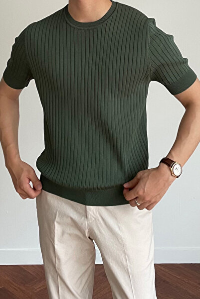 Tarz Cool Men's Khaki Ribbed Slim Fit Crew Neck Knitwear T-Shirt