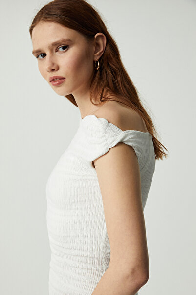 GRIMELANGE Innsa Women's One Shoulder Bodycon Ecru Dress with Wrap 3D Fabric