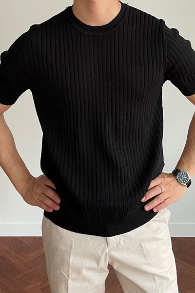 Tarz Cool Ανδρικό μπλουζάκι με μαύρο ριμπ Slim Fit Crew Neck πλεκτό