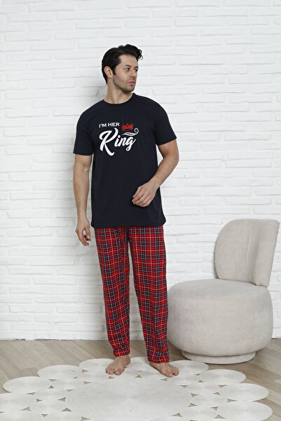 MODAREYA Sevgililer, Çiftler Için Eşli Kombin Kısa Kollu Ekoseli Erkek Pijama Takımı