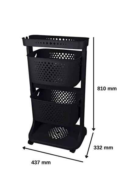 LEON LİFE TİTİZ PLASTİK Tekerlekli Geniş Raf 3 Katlı Mutfak Banyo Rafı Siyah ...