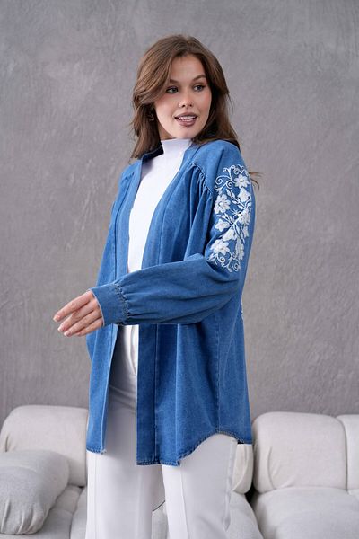 Miss Allos Jachetă kimono din denim pentru femei, cu broderie pe spate și mâneci