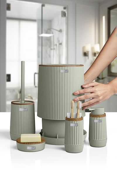 Okyanus Home Σετ μπάνιου Nida Green Wood με μοτίβο Eco 5 τεμαχίων