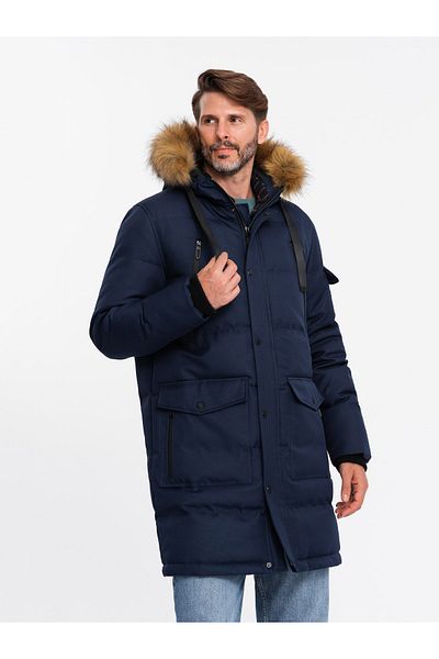 OMBRE Pánská dlouhá teplá bunda parka s kapucí - tmavě modrá V1 OM-JALJ-0182 S