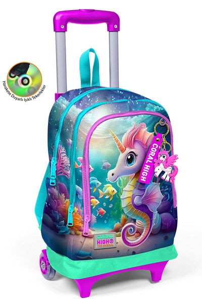 Coral High Rucsac de școală cu trei compartimente cu model de căluți de mare, albastru, verde, cu racletă 23972