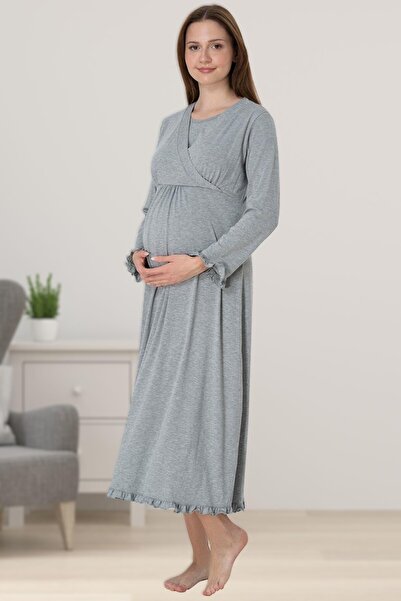 Pelin Kadın Gri Lohusa Hamile Emzirme Özellikli Gecelik