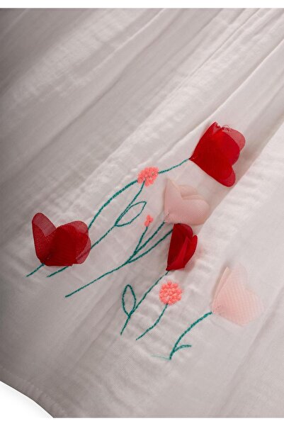 Cigit Organik Çiçek Nakışlı Elbise 1-6 Yaş Ekru