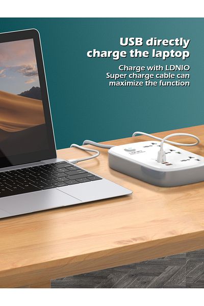 Choice مقبس المملكة المتحدة LDNIO 65 وات شريط طاقة مزود بـ 3 منافذ عالمية و4 منافذ USB ومقبس طاقة بطول 2 متر Bold E