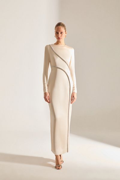 BETTY & SAM Candice Jeweled Long Sleeve Ecru Evening Gown