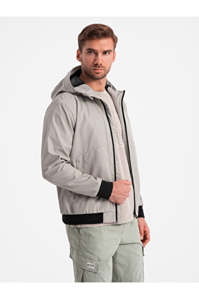 OMBRE Pánská lehká bunda se síťovanou podšívkou a kapucí - šedá V6 OM-JANP-0149 XL