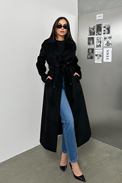 Olcay Μαύρο Oversize Παλτό με Λεπτομέρεια Κεντήματος - 3085