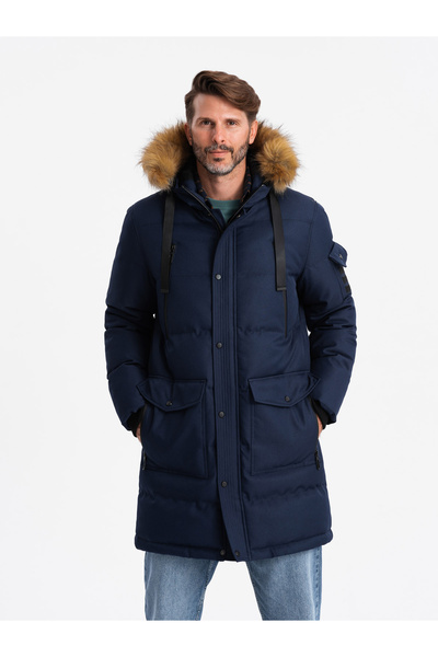 OMBRE Pánská dlouhá teplá bunda parka s kapucí - tmavě modrá V1 OM-JALJ-0182 S