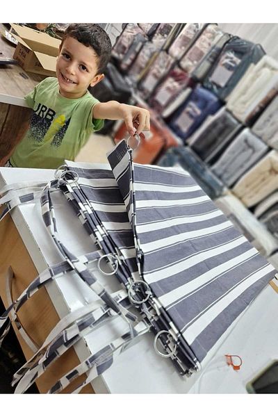 DEVRİM OLİVYA TEKSTİL Luxury Tarpaulin - Ringed, Gray White Balcony Curtain, Custom Made - Width is X Height