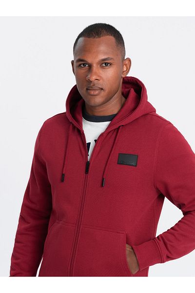 OMBRE Unzipped men's sweatshirt with hood and patch - red V3 OM-SSZP-0140 L