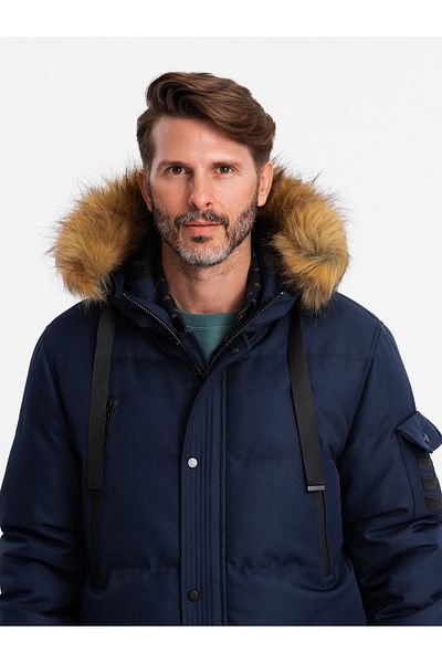 OMBRE Pánská dlouhá teplá bunda parka s kapucí - tmavě modrá V1 OM-JALJ-0182 S