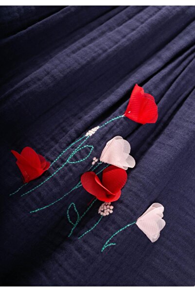 Cigit Organic Floral Embroidered Dress 1-6 Years Dark Blue