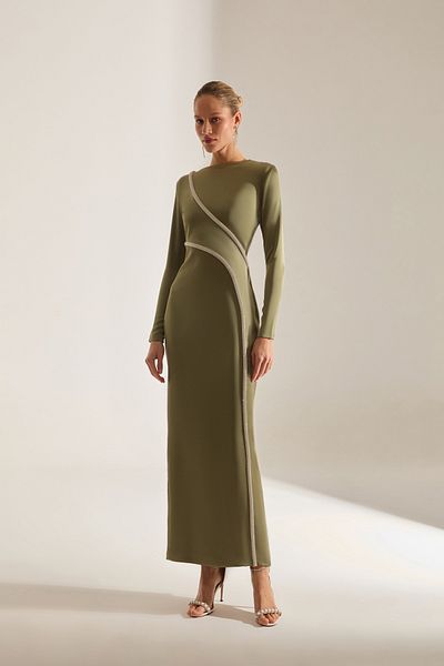 BETTY & SAM Candice Rhinestone Long Sleeve Khaki Evening Gown