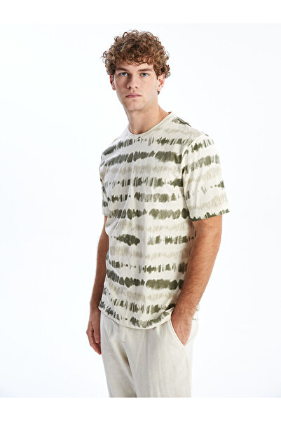 LC Waikiki Beige Crew Neck Short Sleeve Patterned Combed Cotton Men's T-Shirt
