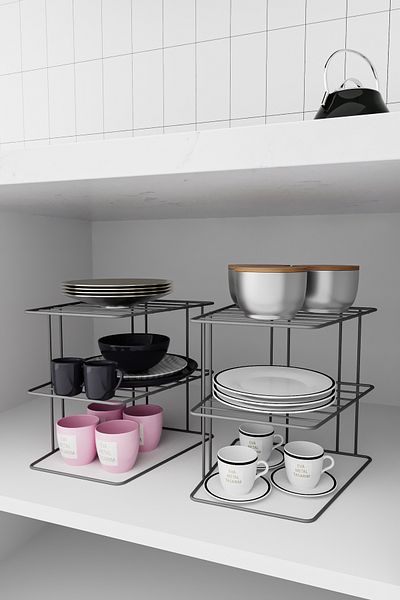 EVA METAL TASARIM 3-Tier Gray Cabinet Plate Rack - 2 Kitchen and Countertop Organizer Shelves