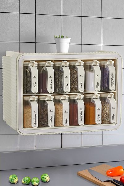 Kitchen Life 12-Piece Beige Spice Rack Set - Self-Adhesive, Lid Sticker