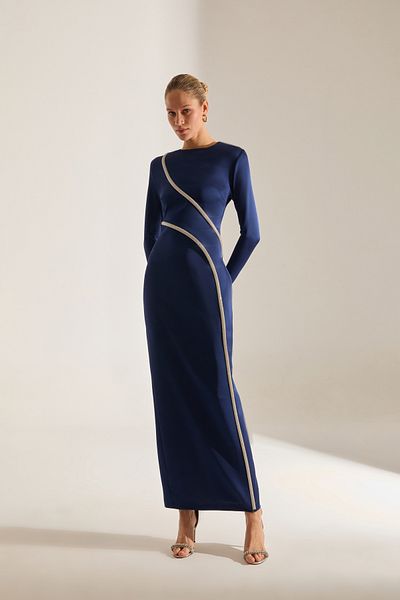 BETTY & SAM Candice Rhinestone Long Sleeve Dark Blue Evening Dress