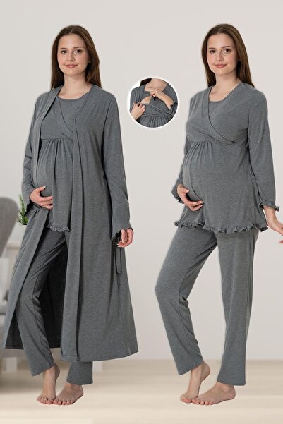 Pelin Kadın Füme Lohusa Hamile Emzirme Özellikli  Sabahlıklı 3'lü Pijama Takımı